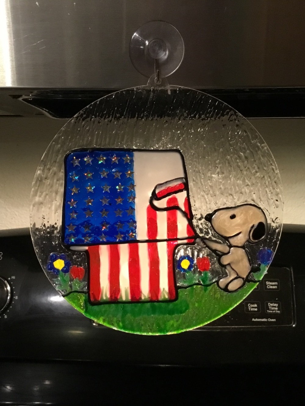 New, Hand Painted Stained glass Patriotic Snoopy on 6 inch acrylic.